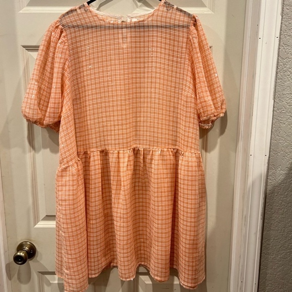 Collective The Label Peach Gingham Sequin Puff Sleeve Babydoll Mini Dress US 12 - Picture 4 of 8